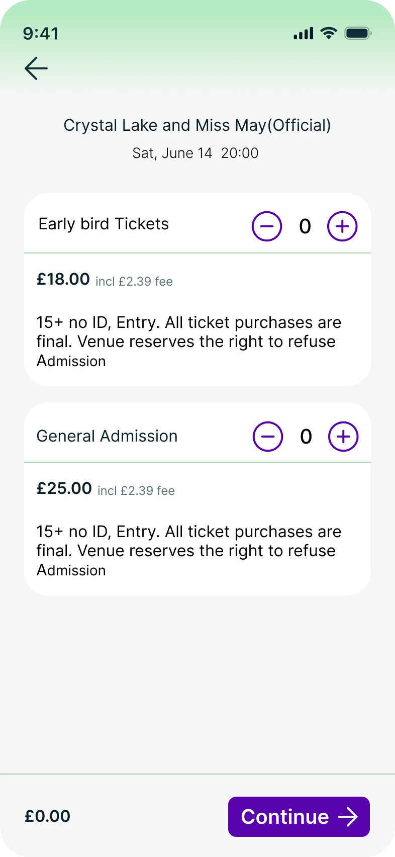 Hevywave ticket selection screen