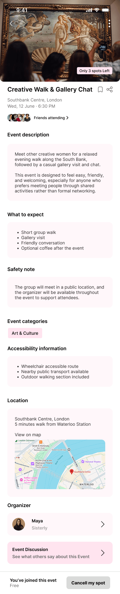 Sisterly redesigned event detail page after joining